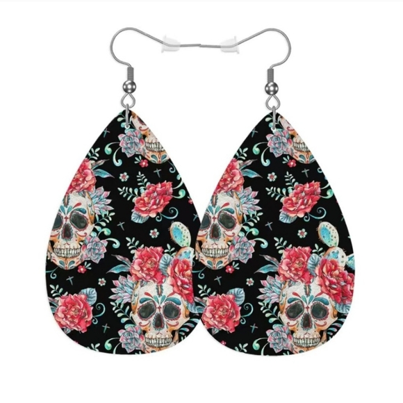 Sugar Skull Leather Earrings - Picture 2 of 4